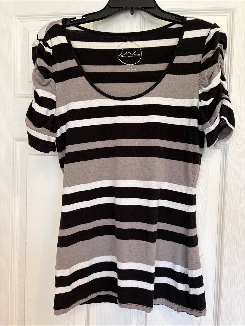 INC International Concepts Black, Gray & White Striped Scoop Neck Top